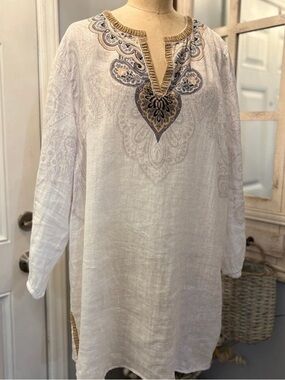 J. Jill  Love Linen XL Tall White Paisley Tunic/dress/beach Cover-up Resort